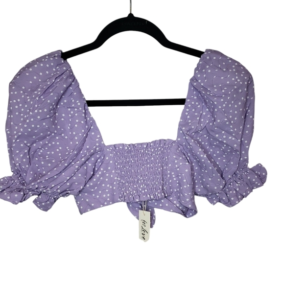 For Love And Lemons Purple Polka Dot Puff Sleeve Crop Small - Picture 3 of 3